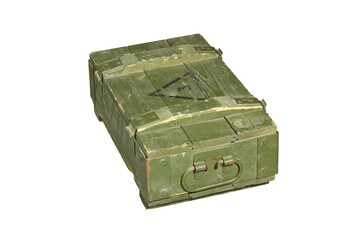 an army wooden green, khaki box with black designations, close-up on a white background. texture of...