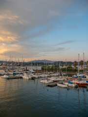 Fototapeta na wymiar La Spezia, Italy - 9th july 2022 marina and city panorama at sunset in summertime