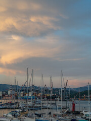 La Spezia, Italy - 9th july 2022 marina and city panorama at sunset in summertime