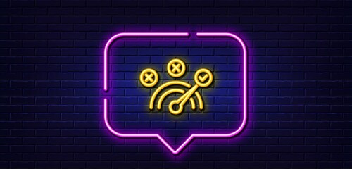 Neon light speech bubble. Correct answer line icon. Speedometer concept sign. Check symbol. Neon light background. Correct answer glow line. Brick wall banner. Vector