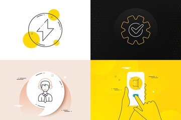 Minimal set of Shipping support, Cogwheel and Energy line icons. Phone screen, Quote banners. Sign out icons. For web development. Delivery manager, Engineering tool, Thunderbolt. Logout. Vector