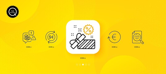Fototapeta na wymiar Stress, Analytics chart and Sale minimal line icons. Yellow abstract background. Exchange currency, Money currency icons. For web, application, printing. Vector