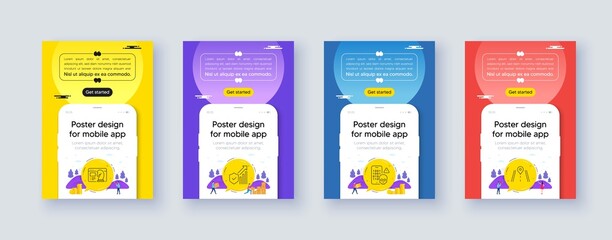 Simple set of Seo strategy, Security statistics and Cyber attack line icons. Poster offer design with phone interface mockup. Include Road icons. For web, application. Vector