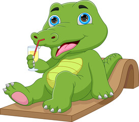 cartoon baby crocodile sitting and drinking