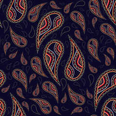 Vector Indian paisley flower red-gold color diagonal seamless pattern on dark blue background. Use for fabric, textile, interior decoration elements, upholstery, wrapping.