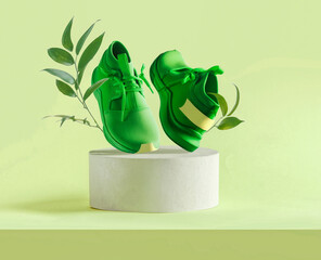 Fashion presentation of green sneakers on podium with leaves branch at pale green background. Fancy...