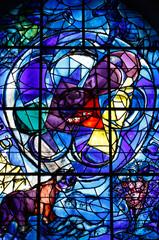 Stained glass window in the synagogue of the Hadassah hospital : Tribes of Israel : Benjamin - obrazy, fototapety, plakaty