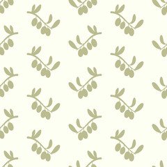 Twig with olive berries and leaves, vector seamless green pattern.