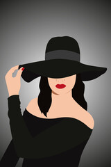 Fototapeta na wymiar stylish girl in black hat and long hair fashion illustration