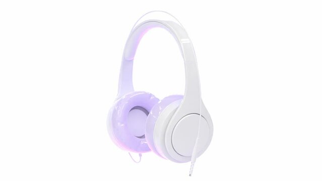 3D White purple headphones with cable for listen music, dj audio headset isolated on white background. Realistic stereo earphones, accessory with sound speakers, 3d render animation