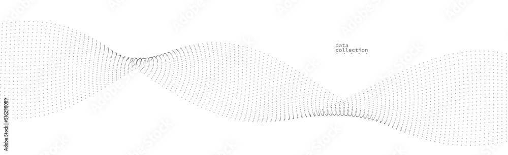 Poster grey dots in motion vector abstract background, particles array wavy flow, curve lines of points in 