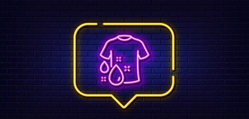 Neon light speech bubble. Wash t-shirt line icon. Laundry shirt sign. Clothing cleaner symbol. Neon light background. Wash t-shirt glow line. Brick wall banner. Vector