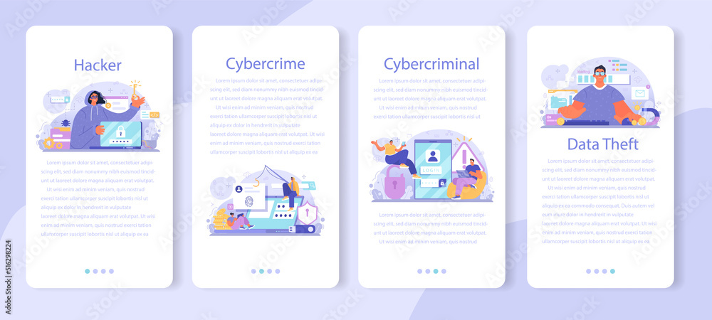Poster hacker mobile application banner set. cyber attack, thief stealing personal