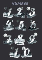 Watercolor set of numbers on black and gray background of nature,mountains,sea,sky,lake.Suitable for poster printing,prints,design work,postcards and wedding invitations.