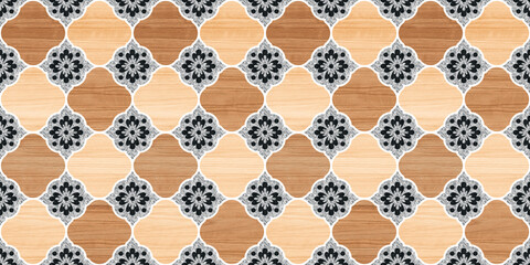 Vintage colurful tiled wall and floor stone and wood pattern with unique mixed design pattern.