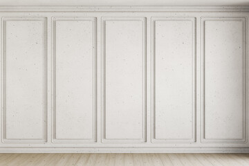 White contemporary classic interior with wall panels. 3d render illustration mockup.