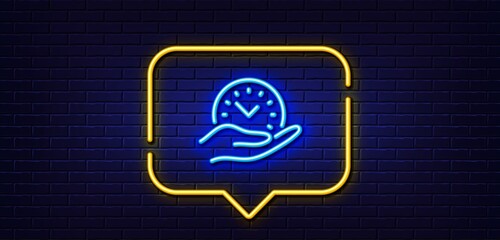 Neon light speech bubble. Safe time line icon. Clock sign. Office management symbol. Neon light background. Safe time glow line. Brick wall banner. Vector