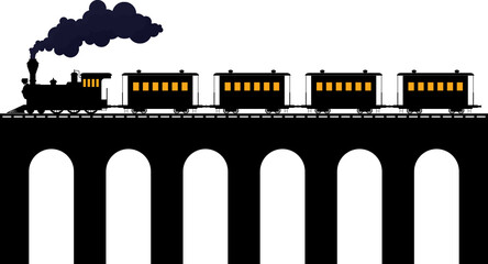 Steam train silhouette with wagons on the bridge in the night