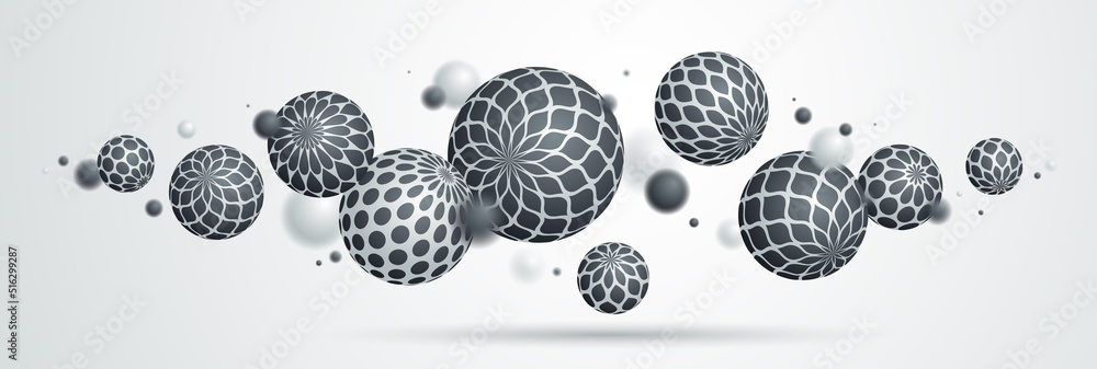 Poster abstract spheres vector background, composition of flying balls decorated with patterns, 3d mixed va