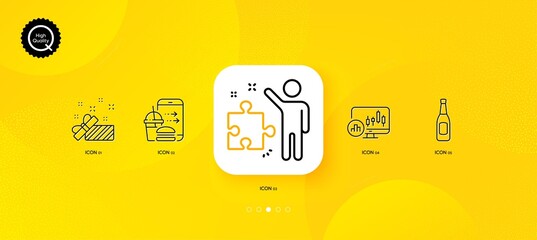 Fototapeta na wymiar Present, Candlestick chart and Food order minimal line icons. Yellow abstract background. Beer, Strategy icons. For web, application, printing. Gift, Report analysis, Food delivery. Vector