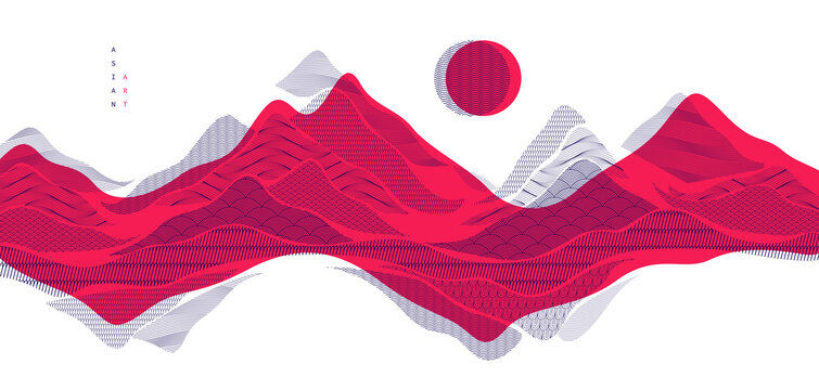 Oriental Japanese style vector abstract illustration in red color, background in Asian traditional style, wavy shapes and mountains terrain, runny like sea lines.