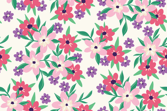 Seamless floral pattern, girly ditsy print with small pink flowers on a white surface. Pretty botanical background with tiny hand drawn plants, decorative flowers and leaves. Vector illustration.
