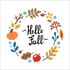Obraz na płótnie Canvas HELLO FALL handwritten lettering. Autumn decorative frame, template with leaves, pumpkin, apple, berries. Vector illustration in Doodle style.