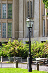 Colorful historical buildings and vintage street lantern in central Zagreb, Croatia.