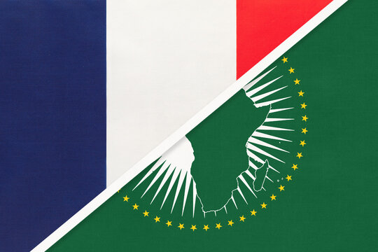 African Union and France, national flag from textile. Africa continent vs French symbol