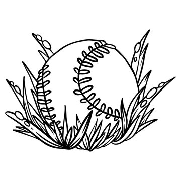 Baseball in the grass cartoon icon. Cute picturesque outline comic style image. Hand drawn isolated lineart illustration for prints, designs, cards. Web, mobile