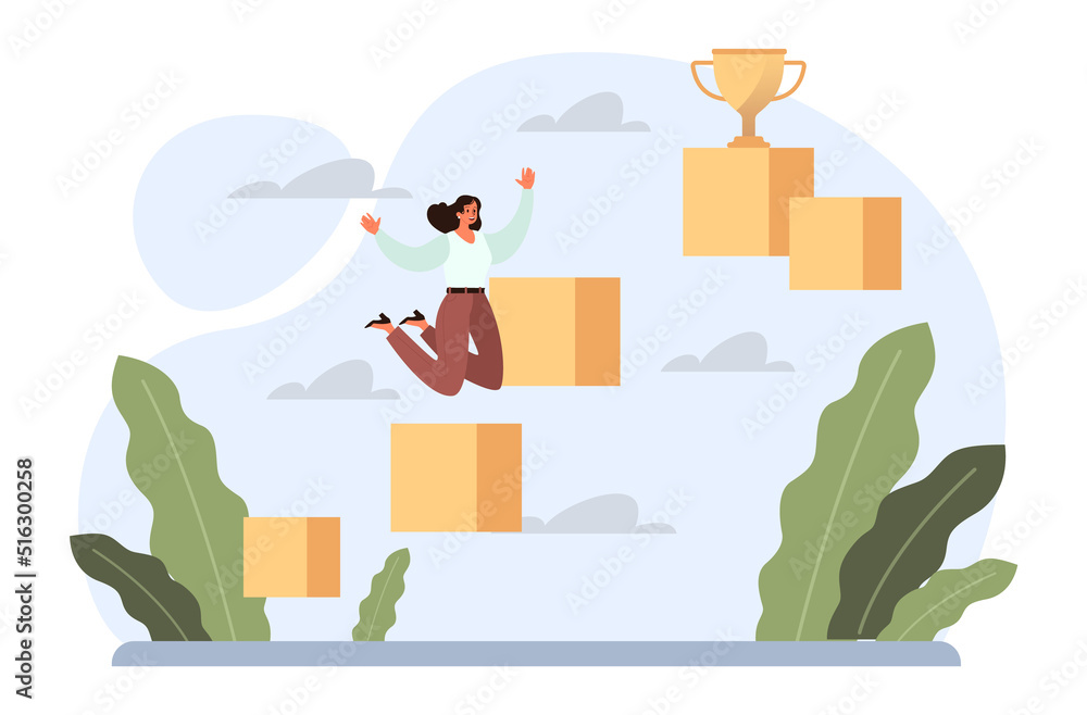 Poster challenge concept. business character overcoming obstacles and hurdles