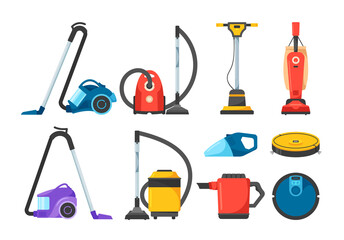 Set Of Vacuum Cleaners, Professional And Domestic Equipment And Electric Tools, Apparatus Isolated On White Background © Pavlo Syvak