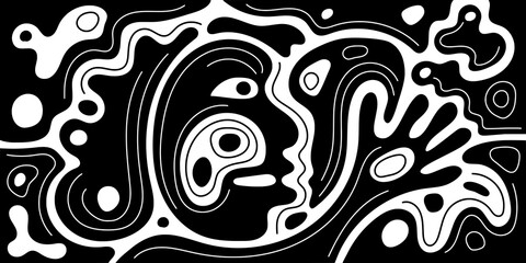 Abstract creature, stylized face, vector design, black and white