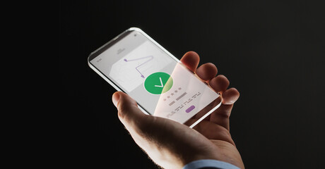 navigation and future technology concept - close up of hand with gps navigator road map tracker or carsharing app on smartphone screen over black background