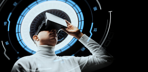 future technology, augmented reality and people concept - man in virtual reality headset or vr...