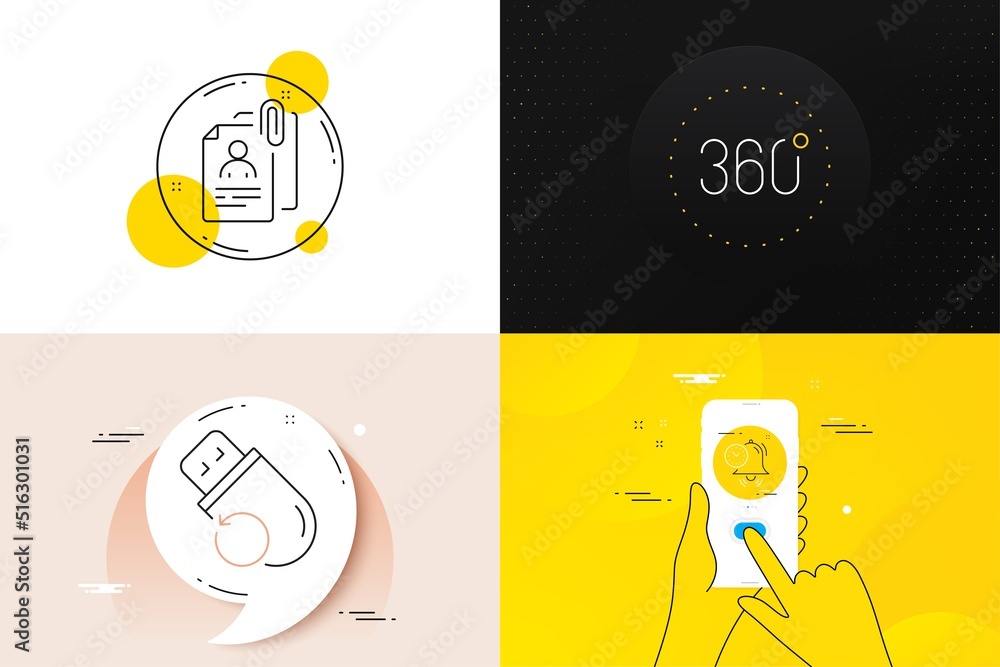 Poster minimal set of 360 degrees, interview documents and time management line icons. phone screen, quote 