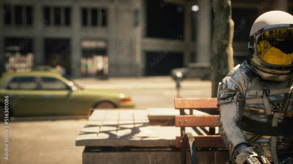 Poster astronauts resting in a city park on a summer day. astronauts discussing their business after space 