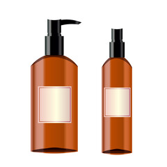 Set of brown cosmetic products, mock up Set, brown color cosmetic products on white background. Blank brown bottles, Squeeze tubes and containers. Vector mockup.