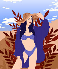Obraz na płótnie Canvas White attractive woman posing in blue swimsuit on the beach. Sexy young girl in a swimsuit. Beautiful girl resting on vacation. Flat Vector Illustration