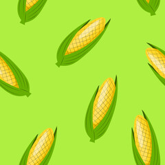 Seamless pattern with corn on green background. Textile design with organic vegetables for vegans. Trendy design for posters, banners, postcards.