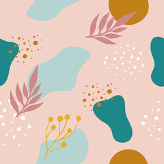 Modern seamless pattern with branches, dots and colorful spots. Hand drawn vector. Print for wallpaper, takani, clothes.