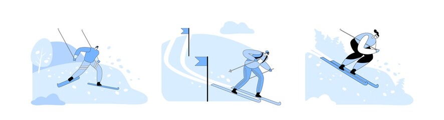 Fototapeta premium Set Skiing Winter Sports, Outdoors Spare Time. Characters Wear Warm Sportive Costume and Goggles Going Downhills by Skis