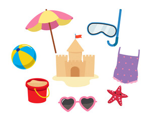 Summer beach elements clipart set. Flat vector cartoon design