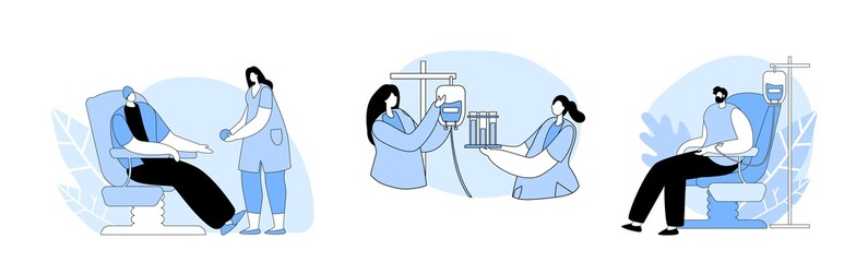 Donation, World Blood Donor Day, Health Care Concept. Volunteers Characters Donating Lifeblood in Test Flasks