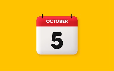 Calendar date 3d icon. 5th day of the month icon. Event schedule date. Meeting appointment time. Agenda plan, October month schedule 3d calendar and Time planner. 5th day day reminder. Vector