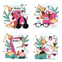 Spanish language concept set. Language school spanish listening, reading © inspiring.team