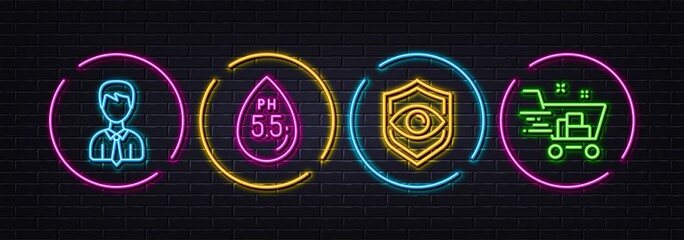 Eye detect, Businessman and Ph neutral minimal line icons. Neon laser 3d lights. Shopping cart icons. For web, application, printing. Retina check, User data, Water. Market order. Vector