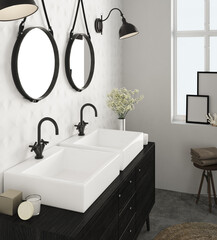 Bathroom space, combined. Bathroom sink area. Combined furniture in black highlighting the taps. White tiled walls. Decoration of the round mirrors. Natural lighting through the window
