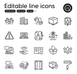 Set of Industrial outline icons. Contains icons as Inventory, Lighthouse and Engineering team elements. Technical info, Buildings, Open door web signs. Algorithm, Engineering. Vector