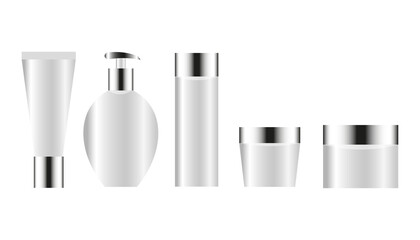 Set of cosmetic products, mock up Set, white color cosmetic products on white background. Blank white bottles, Squeeze tubes and containers. Vector mockup.